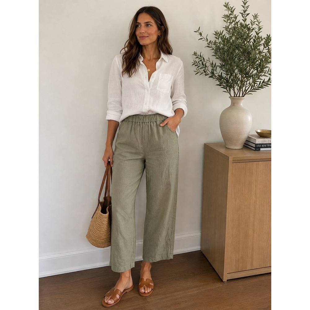 Quince 100% Linen Pants Womens S Sage Green Straight Leg Cropped